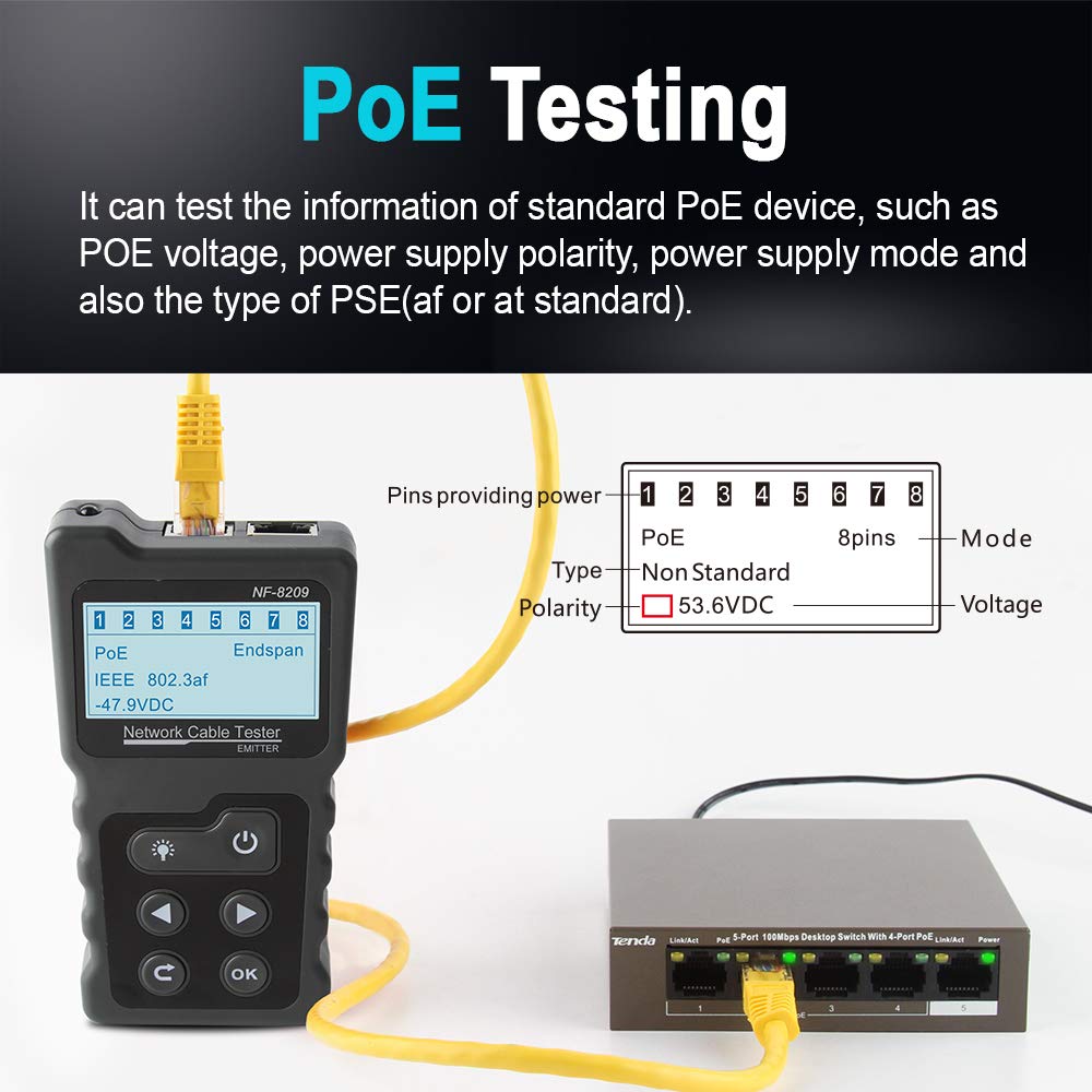 Noyafa Network Tester with LCD, Toner, Continuity, Cable Length, PoE, Port Blink & Voltage Detection NF-8209