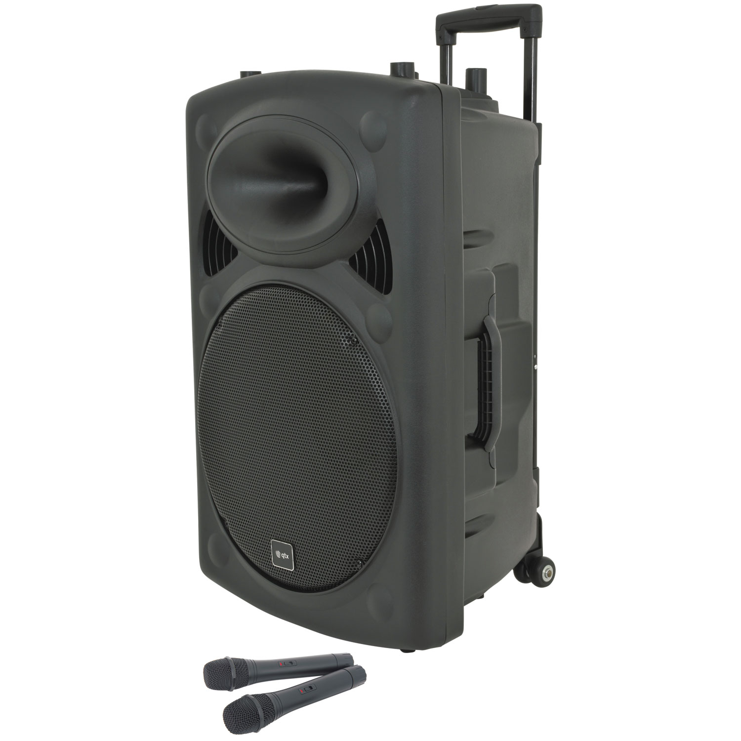 QTX QR15PA (2025) 15'' Professional Portable Karaoke & PA Speaker with 2x Wireless UHF Microphones, BT USB & FM 178.816UK