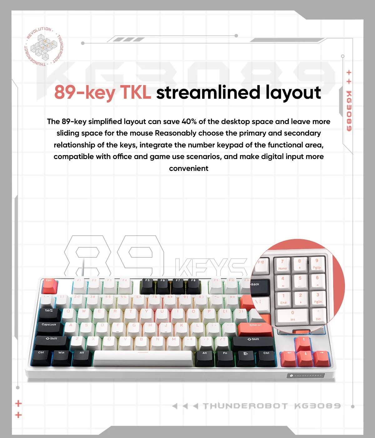 Thunderobot KG3089 White Mechanical Gaming Keyboard 89 Red Switch Keys