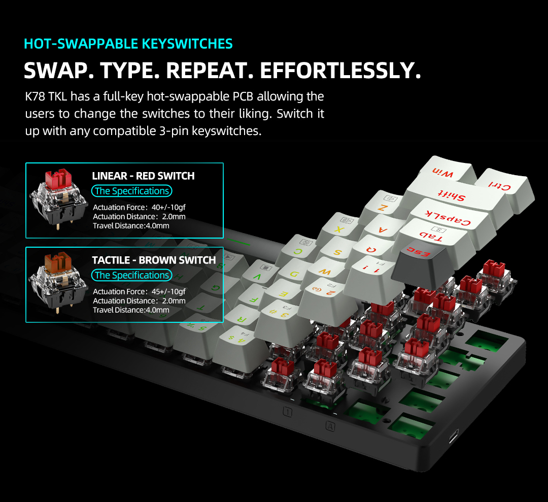 Thunderobot K78R White Gaming Mechanical Keyboard 78 Red Switch Keys