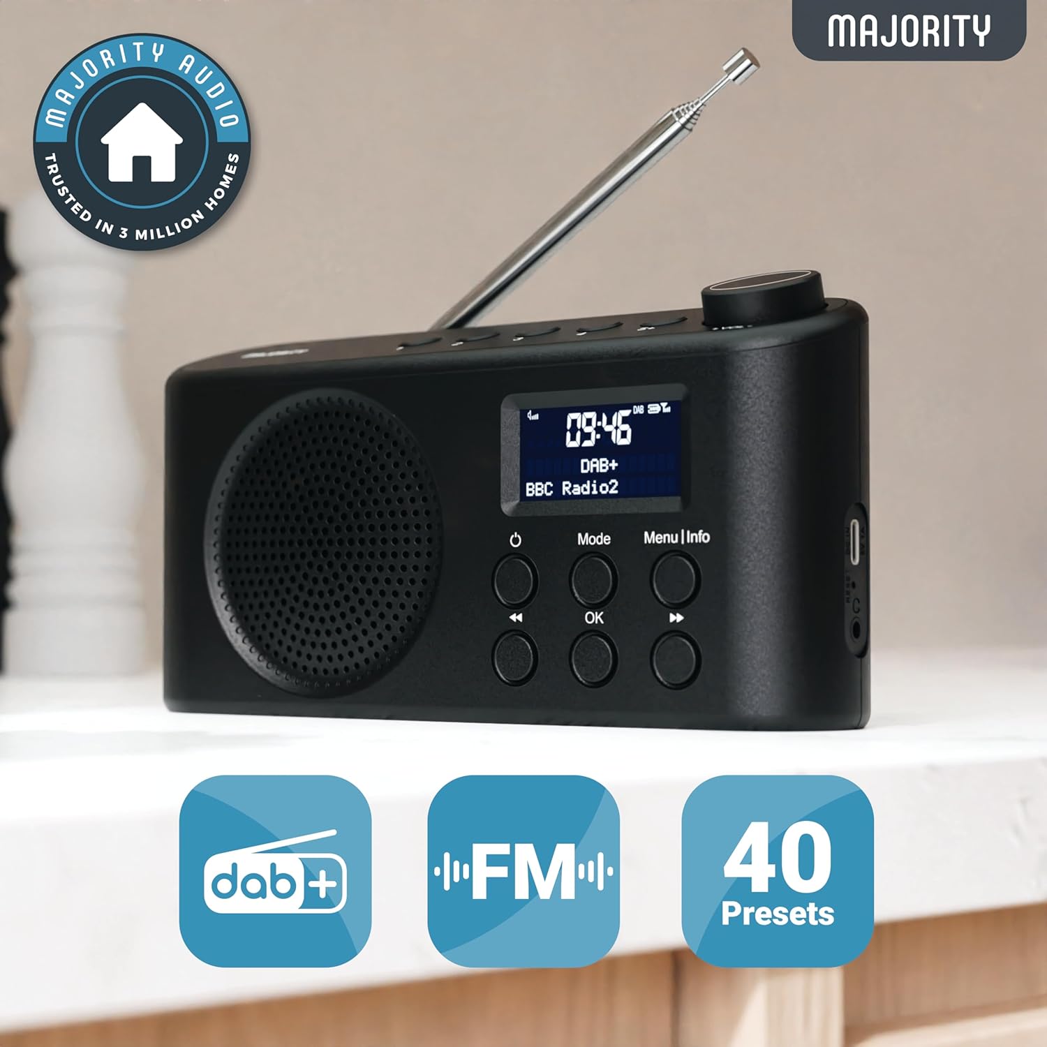 Majority ORWELL Radio Portable with Display & Bluetooth-USB-FM
