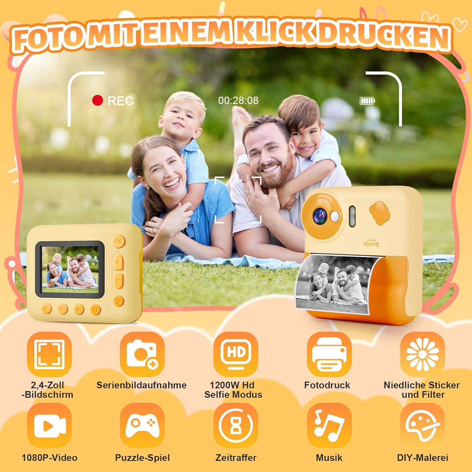 Instant Camera 1080P, 2.4 Inch Children's Camera, Instant Print with 64G Card & 3 Rolls of Printing Paper, Perfect for Children 3-12 Years