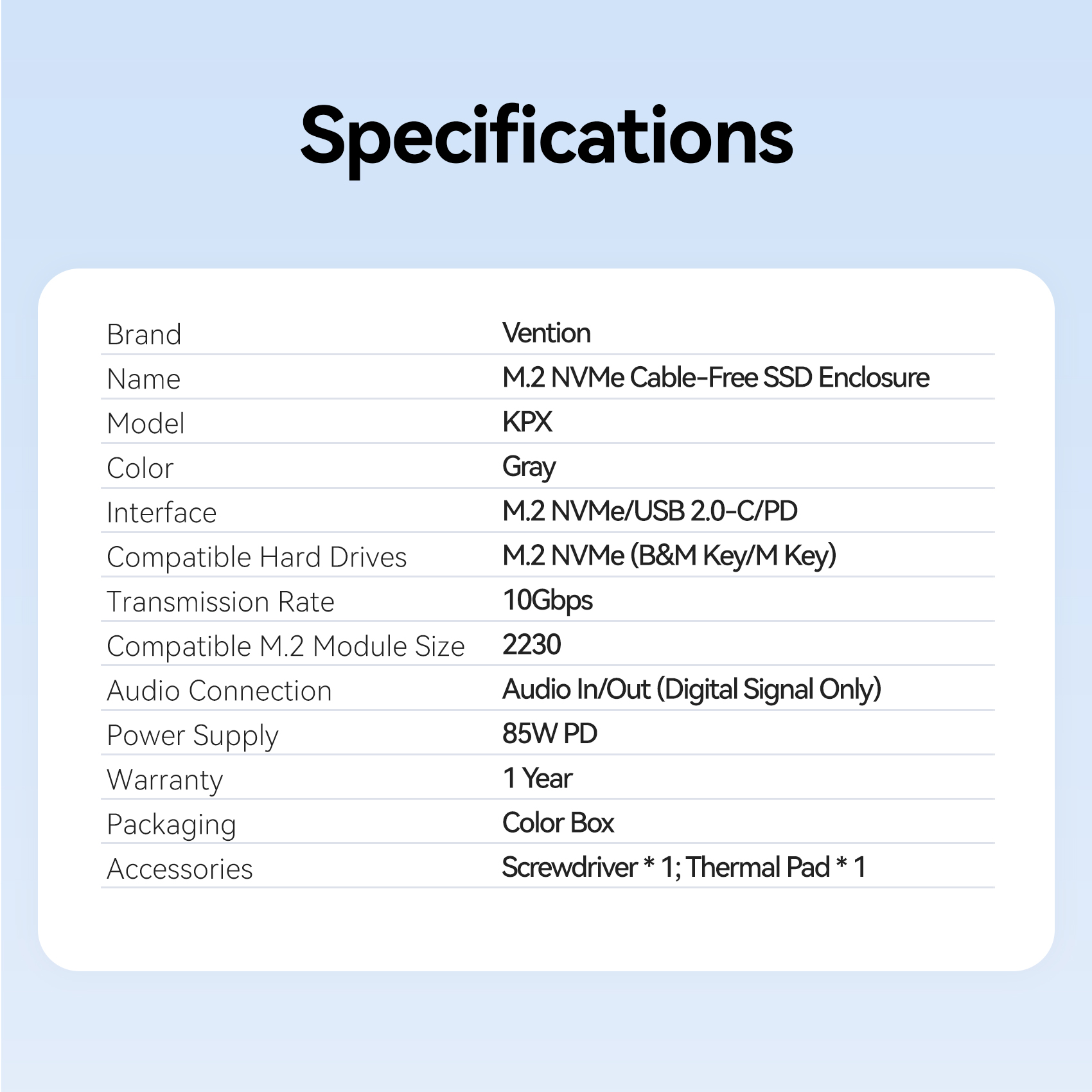 Vention MA Portable Plug & Play Cable-Free NVME Enclosure KPXH0