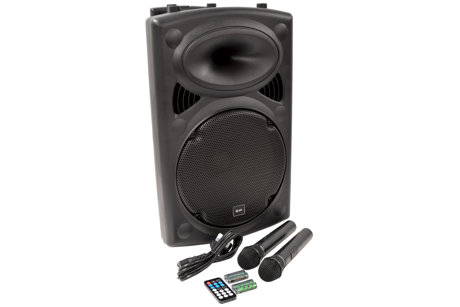 QTX QR12PA 12'' Professional Portable Karaoke & PA Speaker with 2x Wireless Microphones, Bluetooth USB & FM 178.847UK