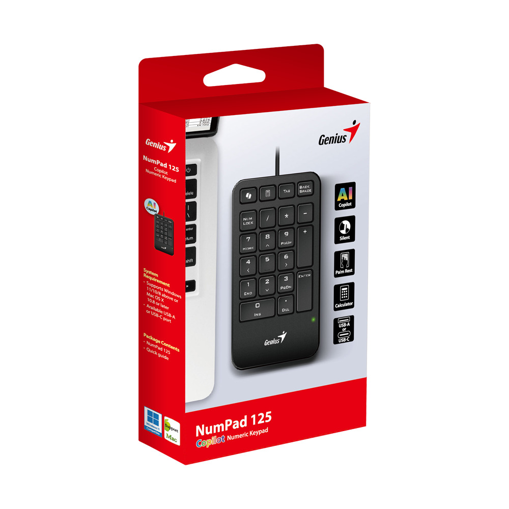 Genius Keyboard Numeric Pad Wired AI w/Palm Rest USB-A NumPad 125