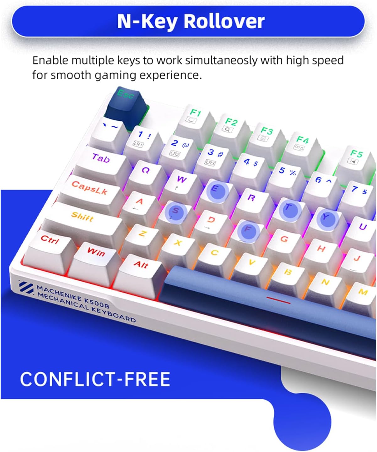 Machenike K500-B87 White/Blue Wired Gaming Keyboard 87 Blue Switch Keys