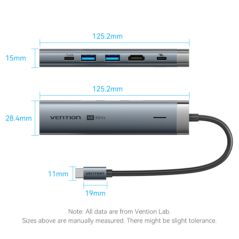 Vention HUB USB-C 1xUSB-C 3.2/2xUSB3.0/HDMI 4K60Hz/Gb/PD TGNHB