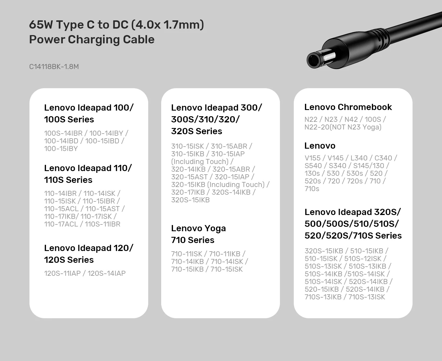 Unitek UCL USB-C to DC Cable 1.8m 65W for Lenovo 4.0x1.7mm C14118BK