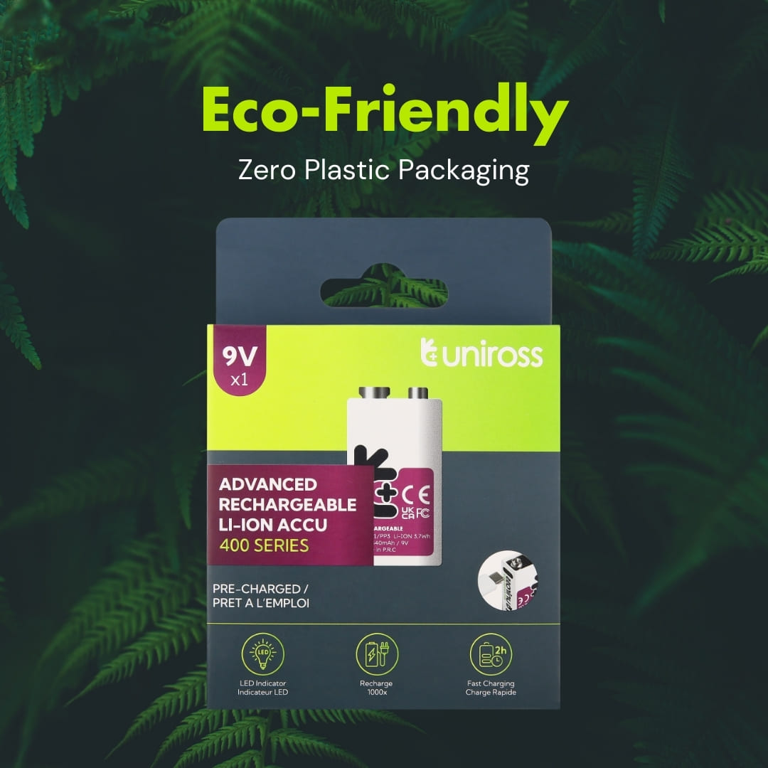 Uniross USB-C Rechargeable Lithium 9V Battery 400mah (1pc)