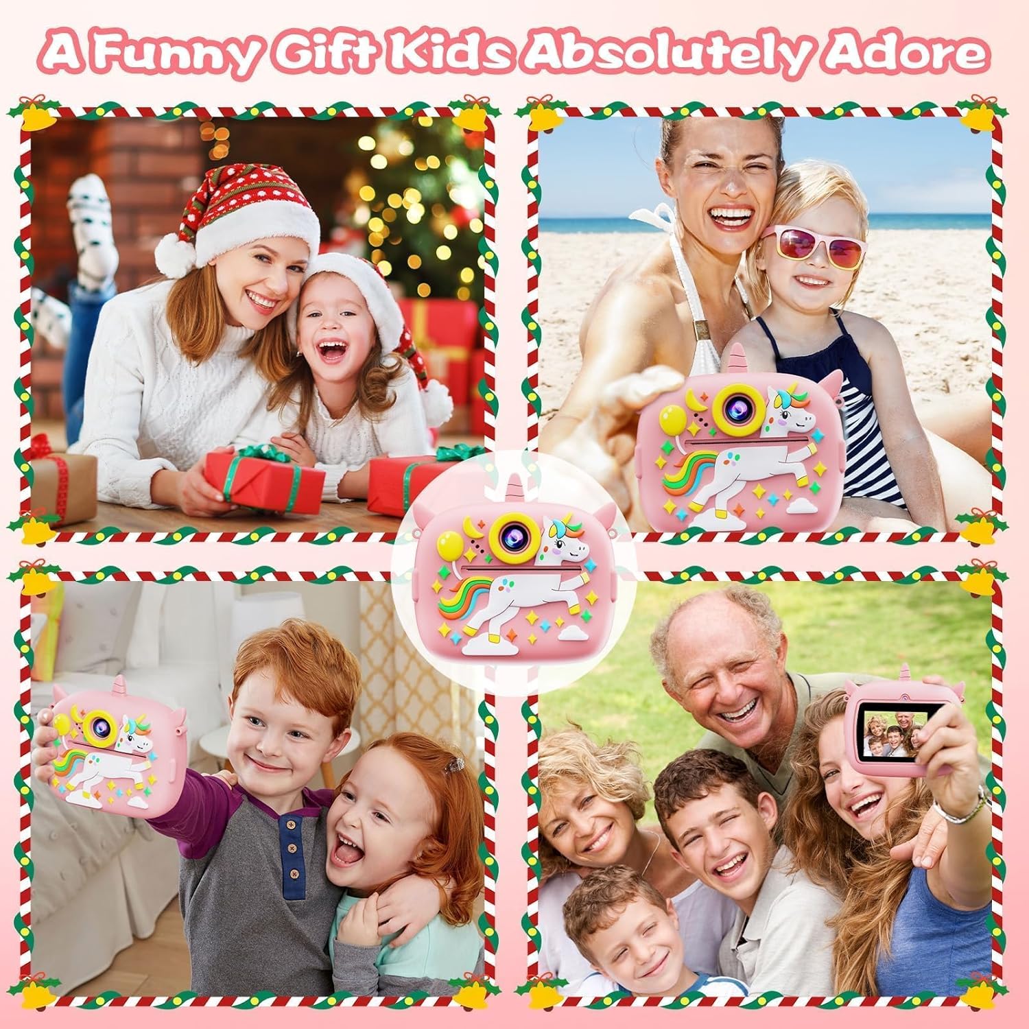 Kids Instant Camera with Printing Paper & 32G TF Card, Gift for Children 3-12 Years - Pink