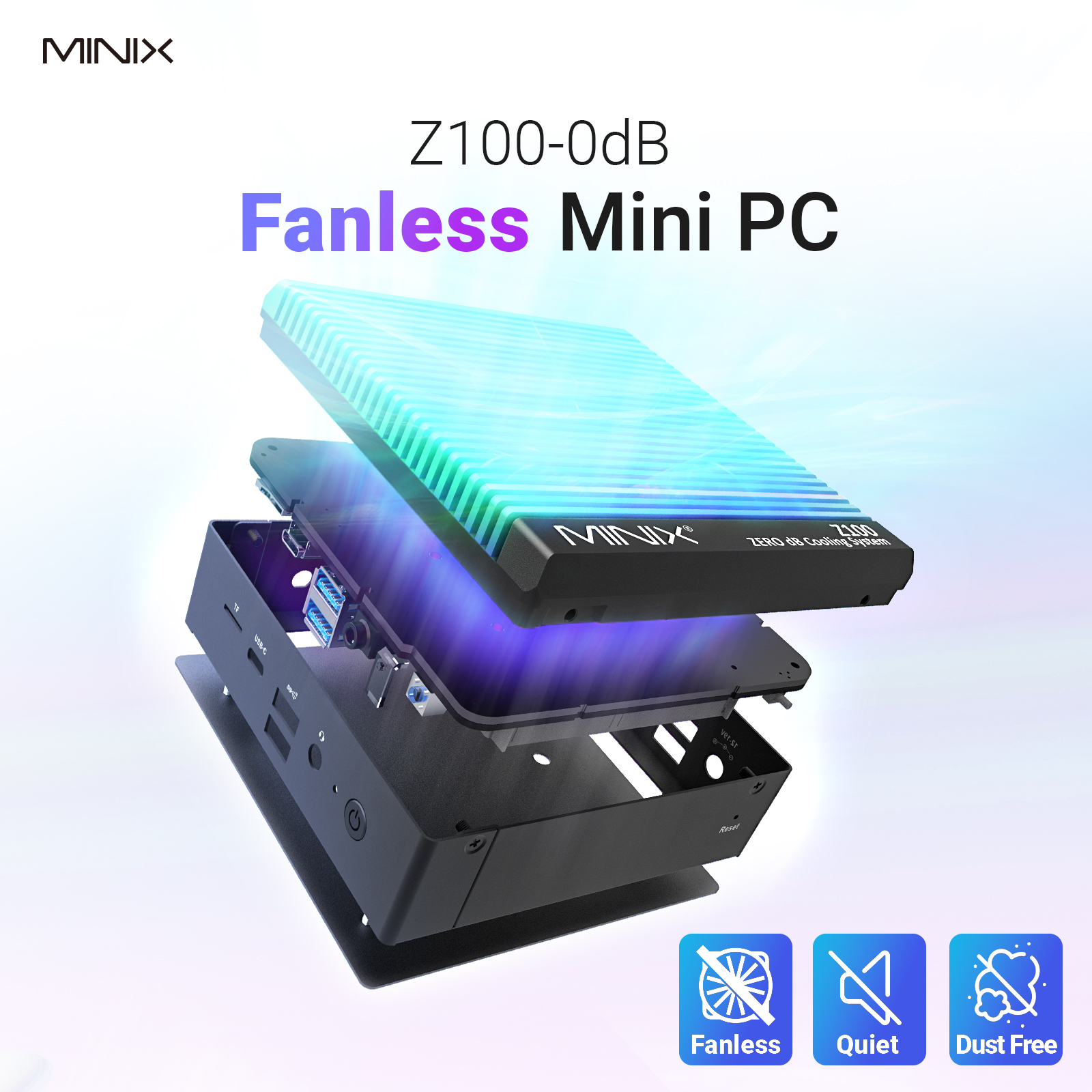 MINIX Mini PC Intel N100 16GB DDR4, 512GB NVMe, 2.5GbE, Dual HDMI, Win11 Pro FanLess Z100 0dB