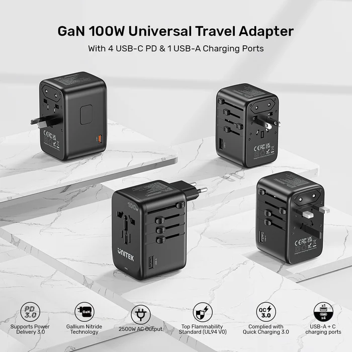 Unitek World Travel Adapter & 100W Charger EU/UK/US 4xUSBC+1xUSBA P1123A