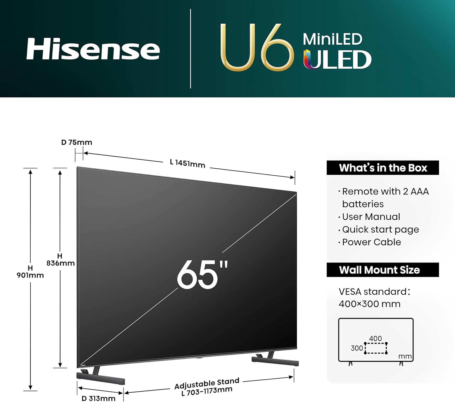 Hisense 65U6NQ 65'' 4K Smart QLED Mini LED TV