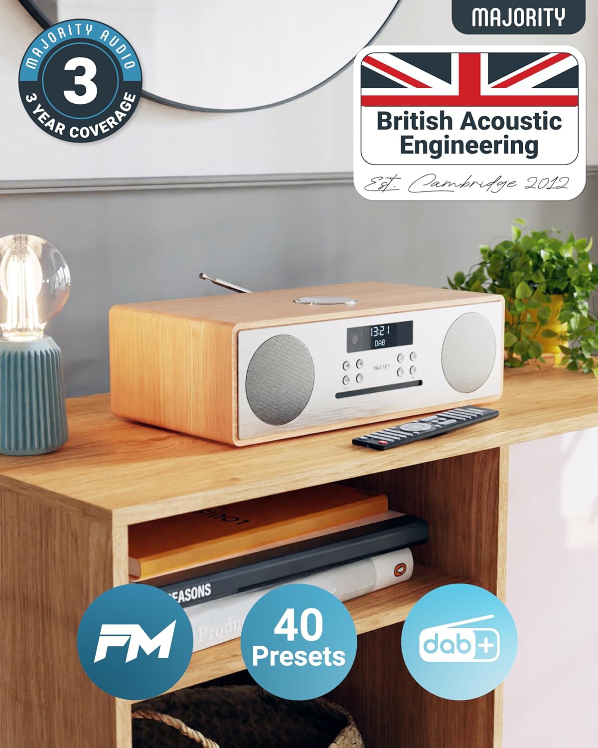 Majority OAKINGTON 120W Mini HiFi System with CD-BT-USB-FM Oak
