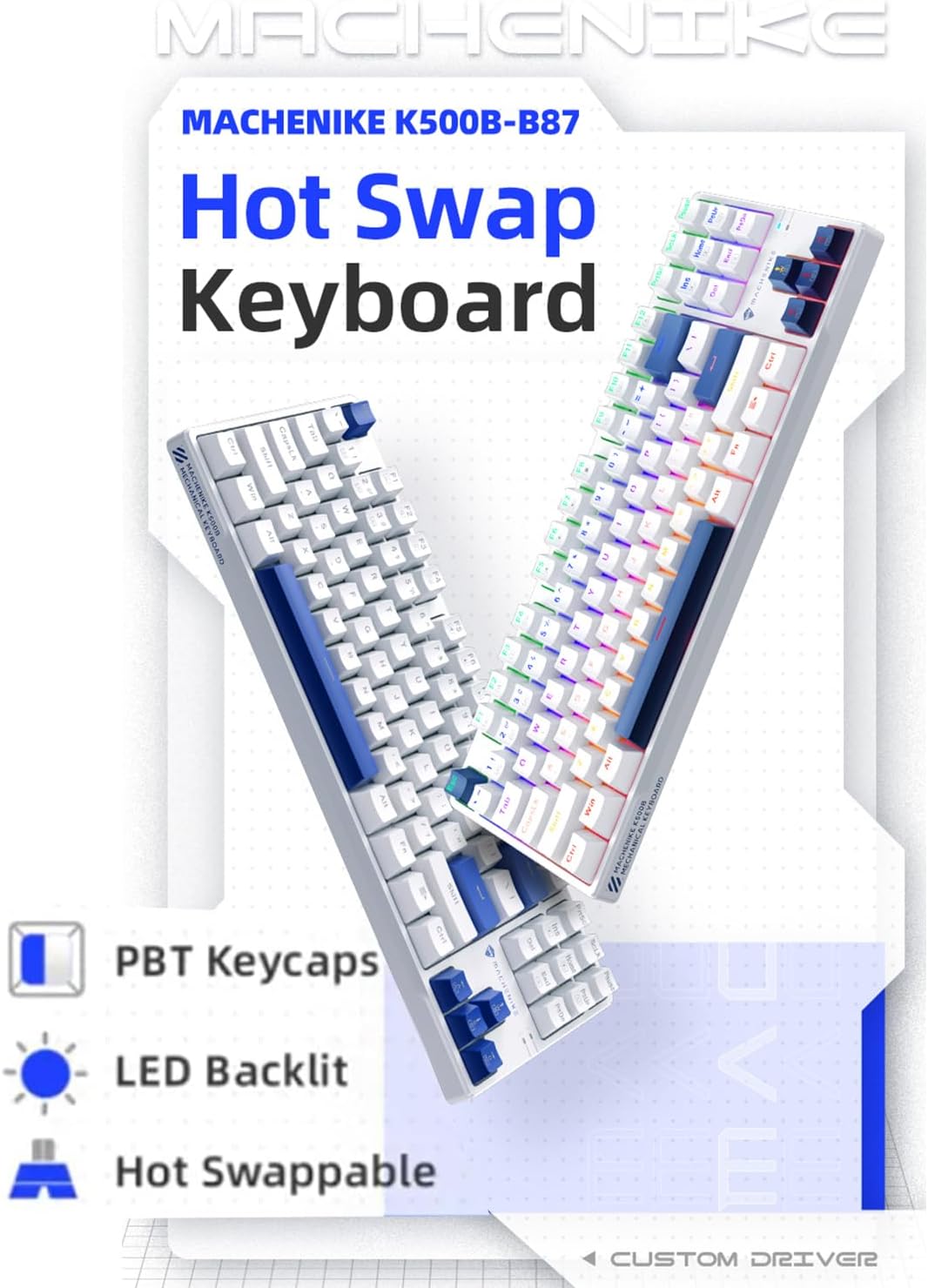Machenike K500-B87 White/Blue Wired Gaming Keyboard 87 Blue Switch Keys