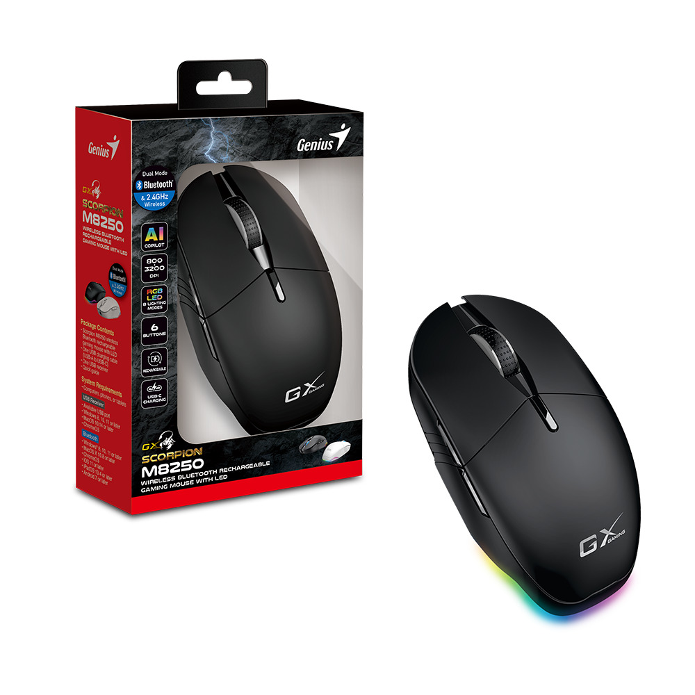 Genius Mouse Wireless+BT Recharg RGB AI 3200DPI Scorpion M8250 Black