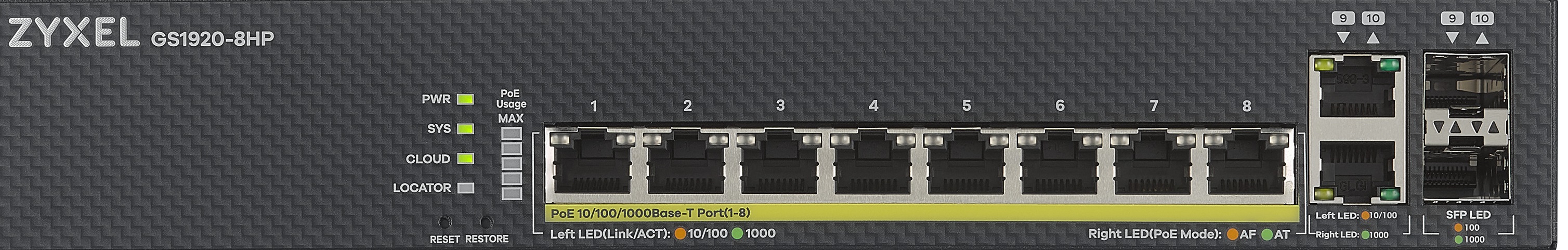 Zyxel Switch PoE Gigabit Managed Cloud 8PoE + 2RJ45/SFP Combo 130W GS1920-8HPV2