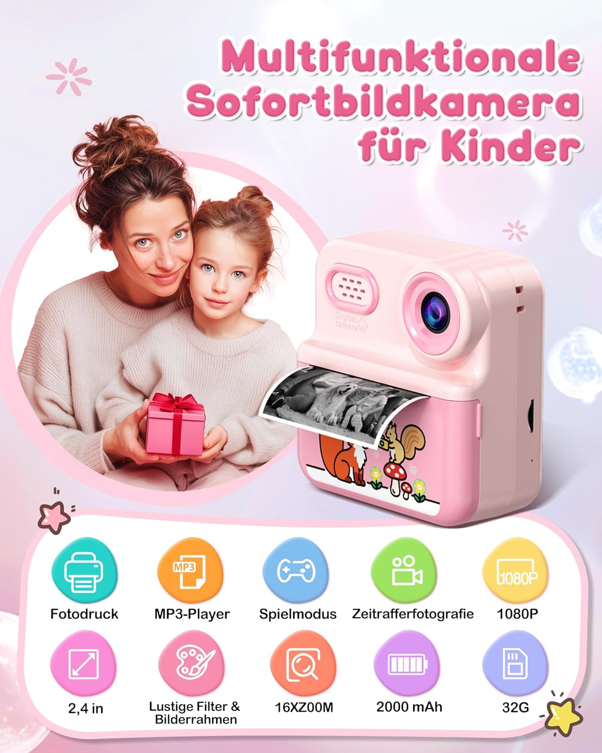 Children's Instant Camera 1080P HD 2.4 Inch Double Lens Instant Camera Children with 32GB Card and 3 Rolls of Printing Paper Children's Toy Gifts for Boys Girls 3-12 Years - Pink