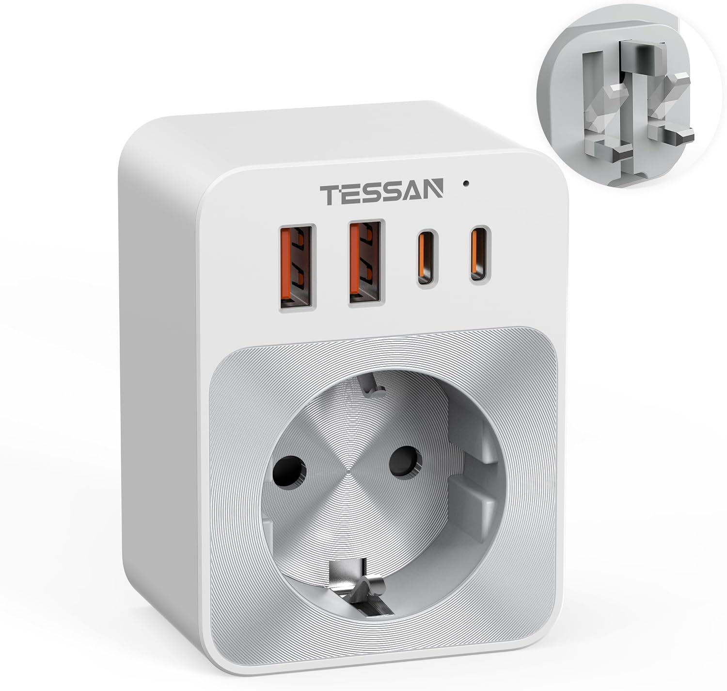 Tessan AC Plug Through 1-Gang 13A Schuko to UK Adaptor & 2xA 2xC 20W TS-TA02DEUK