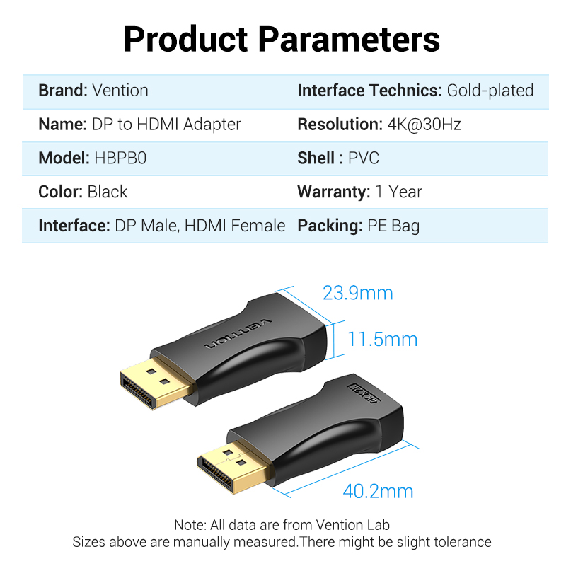 Vention DisplayPort Male to HDMI Female Adaptor 4K HBPB0