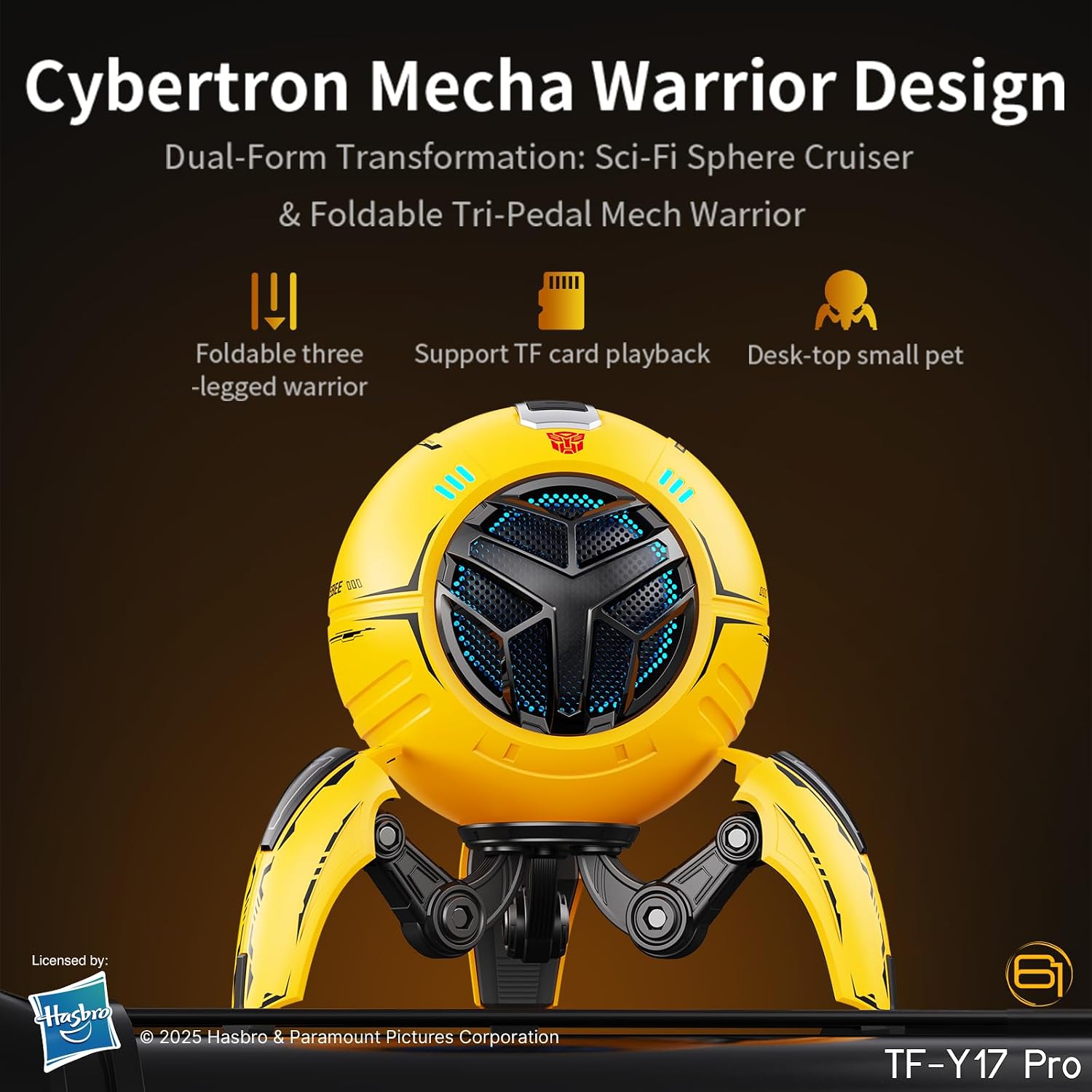 Transformers Portable BT Speaker, Hi-Fi 57mm Driver,  RGB Speaker with Detachable Foldable Tri-Pedal Stand, TF-Y17 PRO Yellow