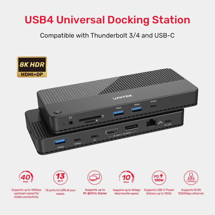 Unitek USB-C Hub USB4 MST HDMI/DP/Gb/SD/Audio/PD100W D1079A