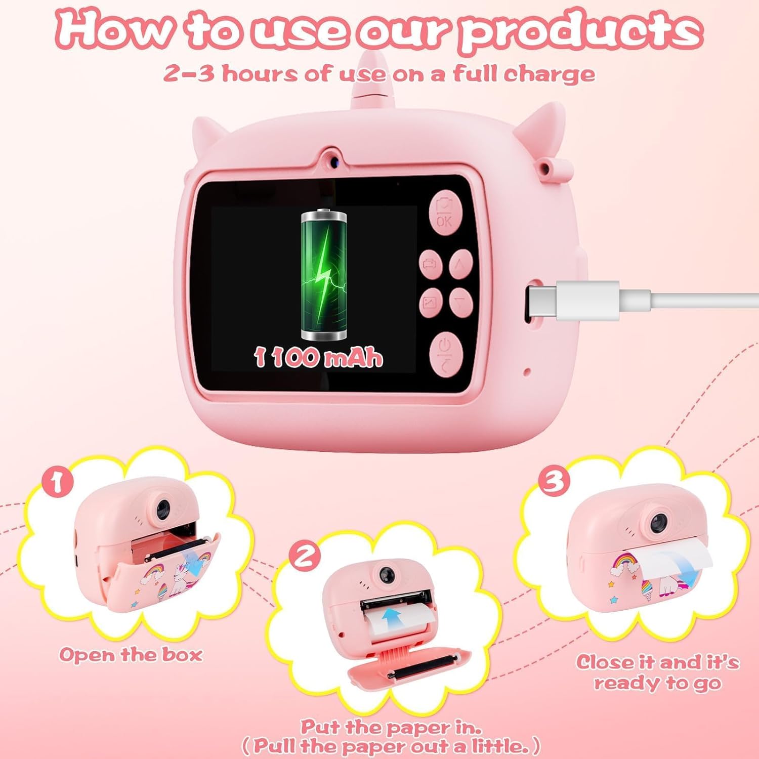 Kids Instant Camera with Printing Paper & 32G TF Card, Gift for Children 3-12 Years - Pink