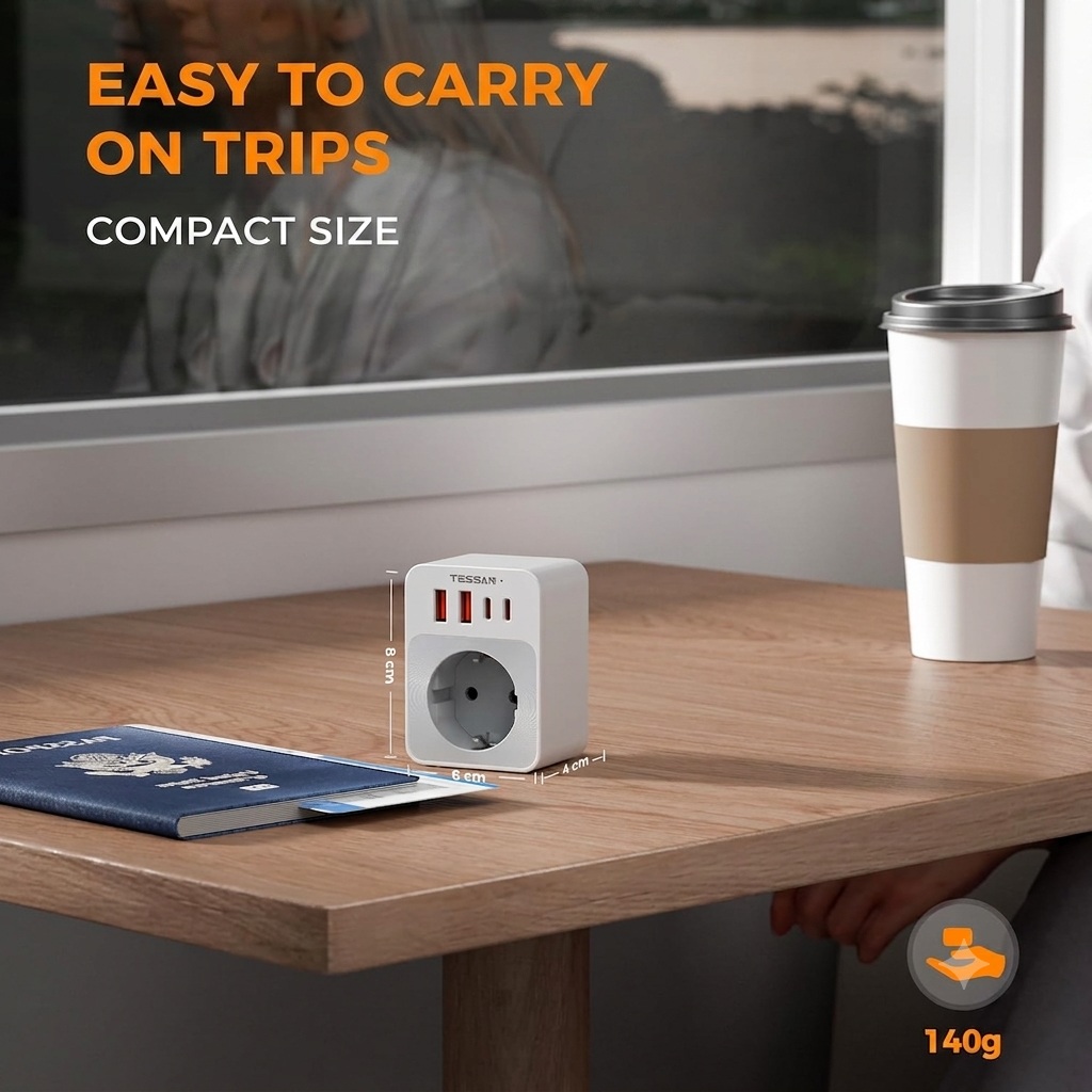 Tessan AC Plug Through 1-Gang 13A Schuko to UK Adaptor & 2xA 2xC 20W TS-TA02DEUK