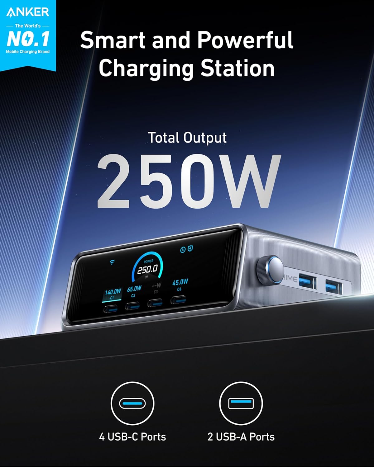 Anker Prime 250W USB C Charger, Ultra-Fast 6-Port GaN Charging Station, 2.26" LCD Display and Smart Control Dial Black