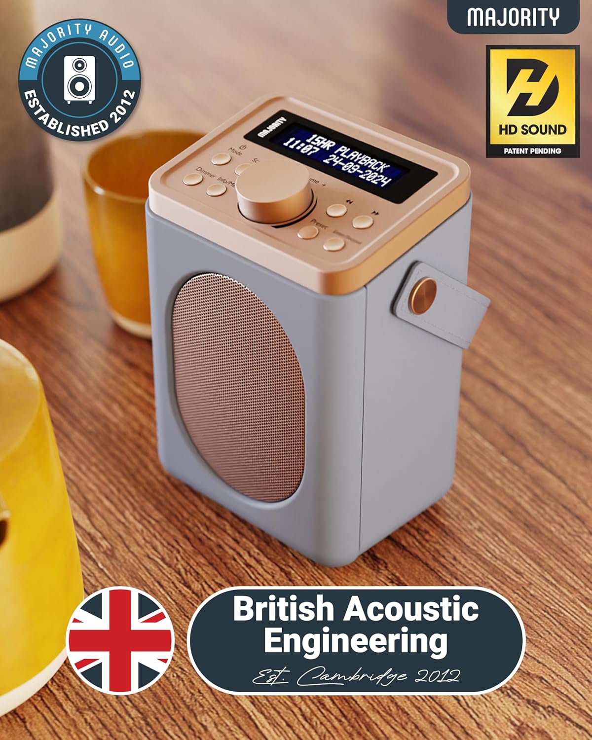 Majority Radio Portable FM,BT,Alarm & Sleep Timer Little Shelford White/Grey