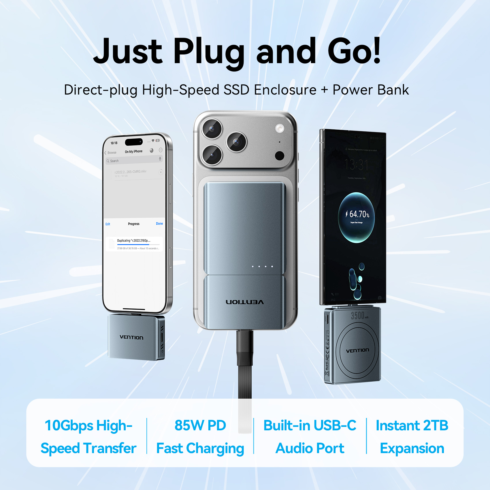 Vention MA Portable Plug & Play Cable-Free NVME Enclosure + 3500mAh PB TZ-KPXH0