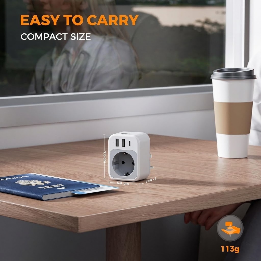 Tessan AC Plug Through 1-Gang 13A Schuko to UK Adaptor & 2xA 1xC 15W TS-TA03DEUK