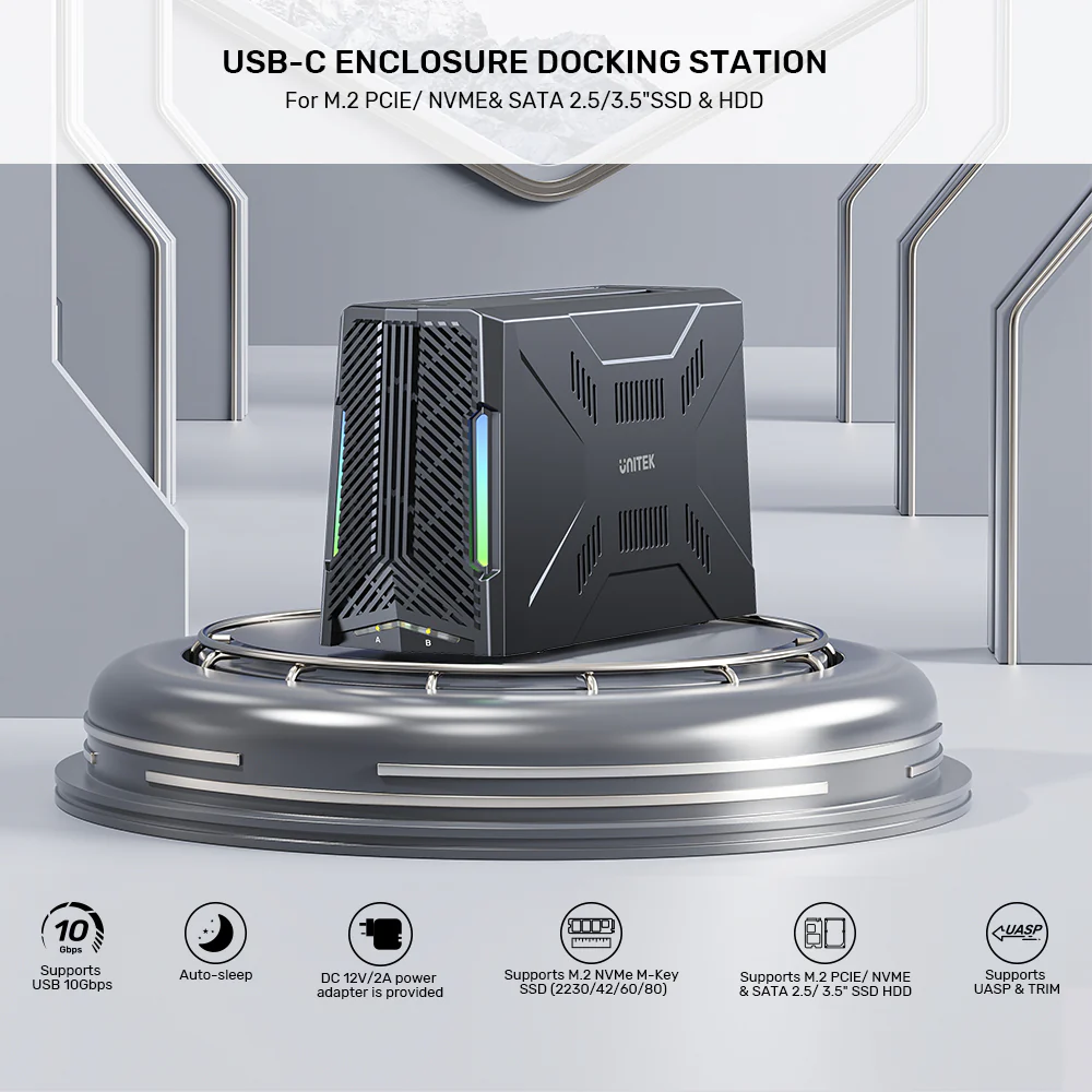 Unitek USB-C NVME/PCIe/SATA/HDD 10Gbps RGB Docking Station S1234B