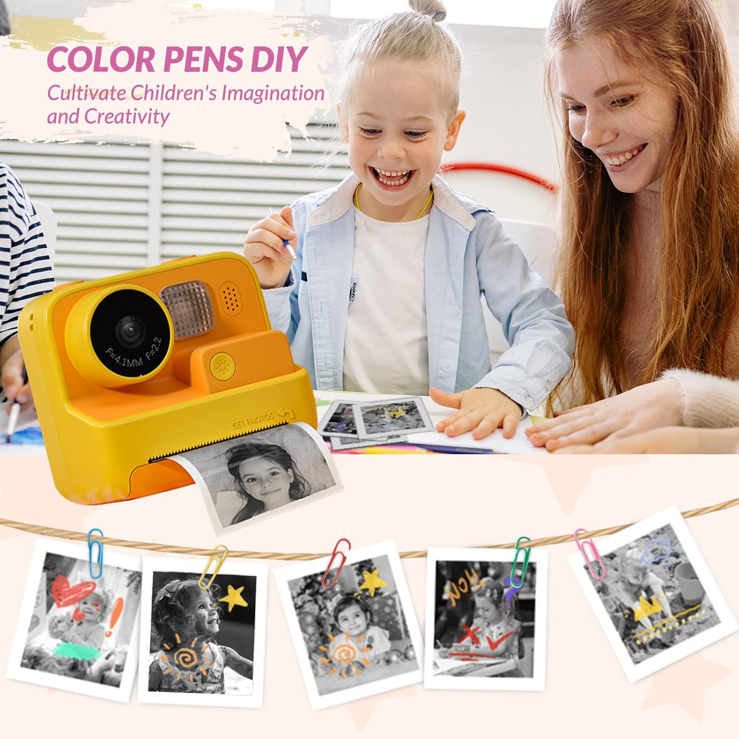 Kids Instant Camera with Printing Paper & 32G TF Card, Gift for Children 3-12 Years - Yellow
