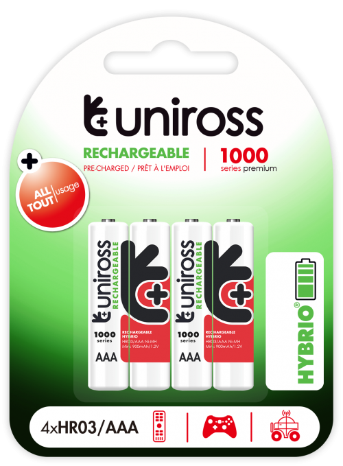Uniross AAA 1000 Hybrio Rechargable Batteries 4Pcs