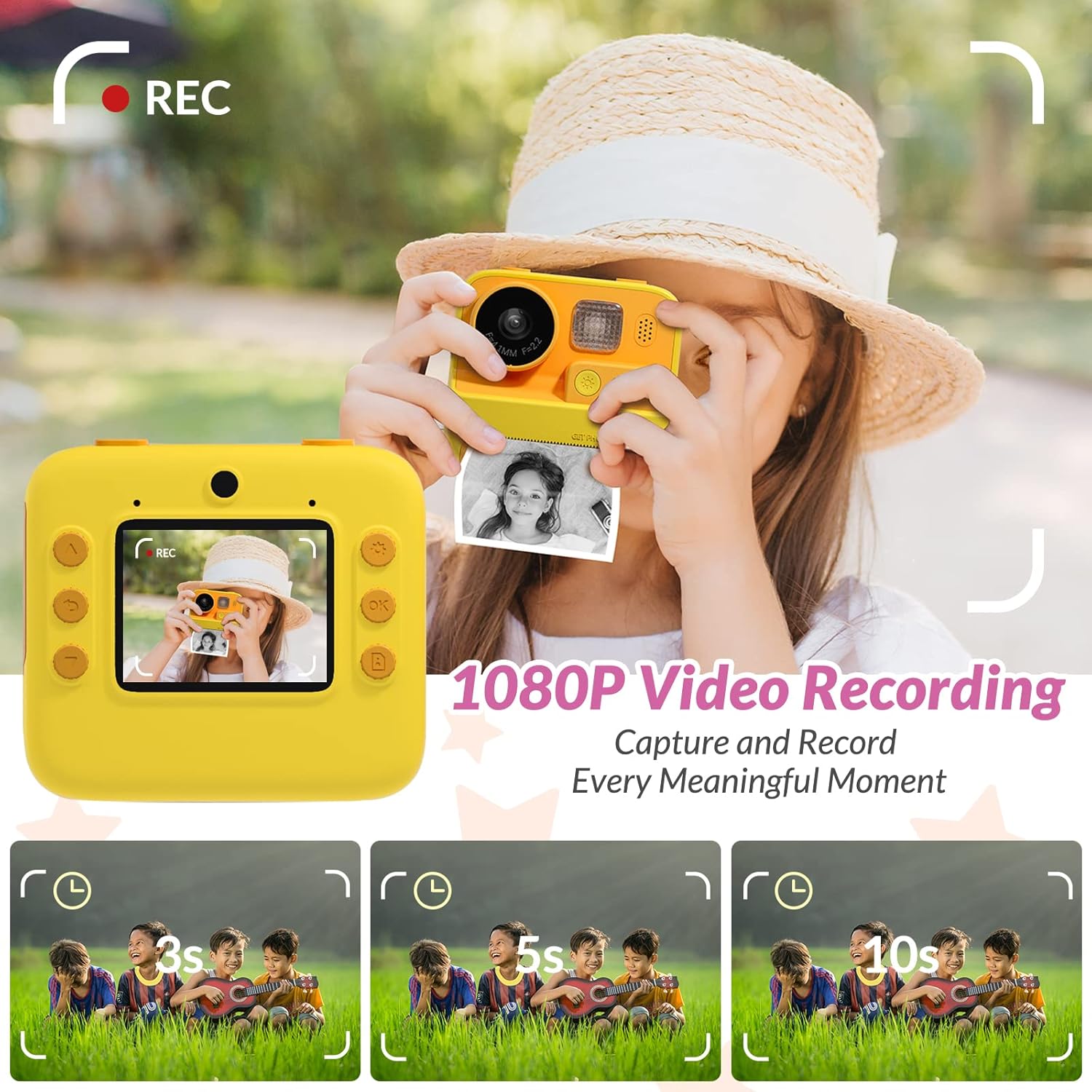 Kids Instant Camera with Printing Paper & 32G TF Card, Gift for Children 3-12 Years - Yellow