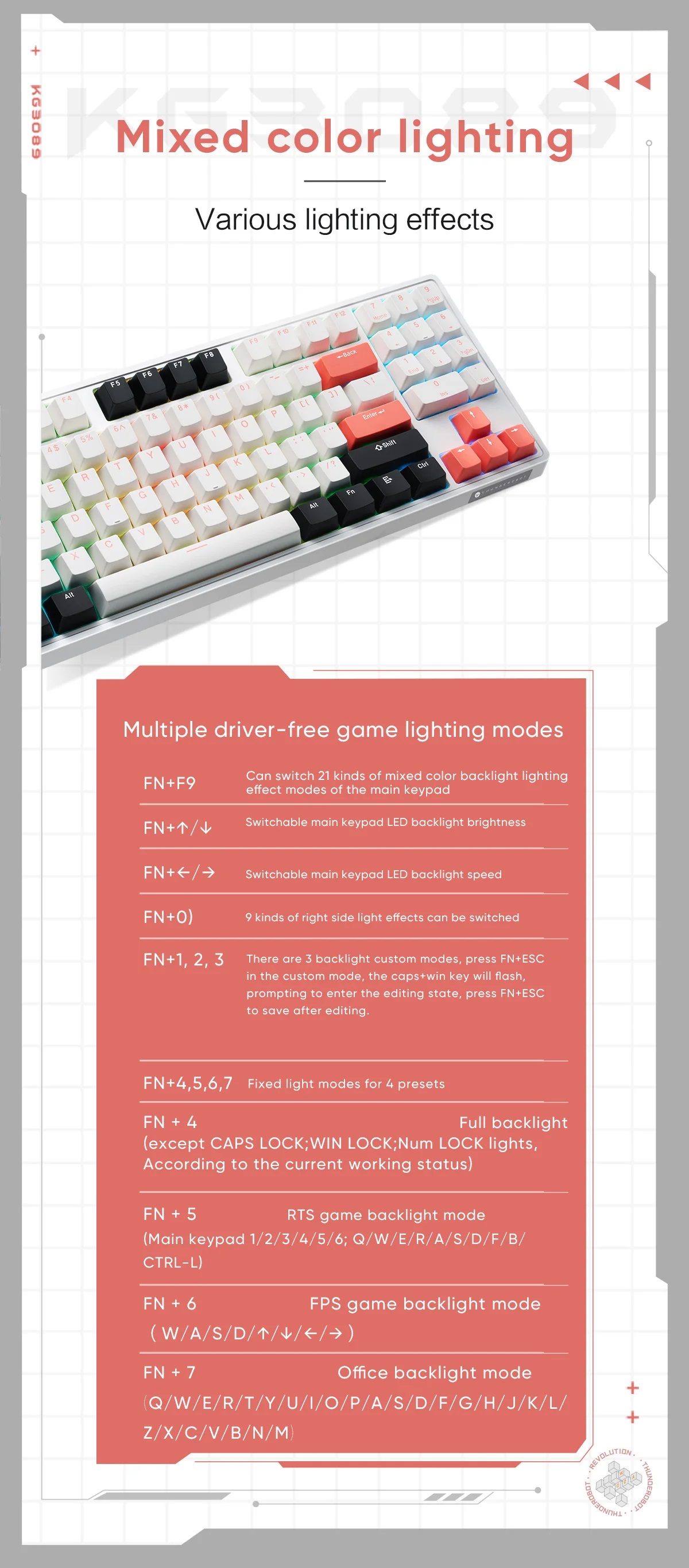 Thunderobot KG3089 White Mechanical Gaming Keyboard 89 Red Switch Keys