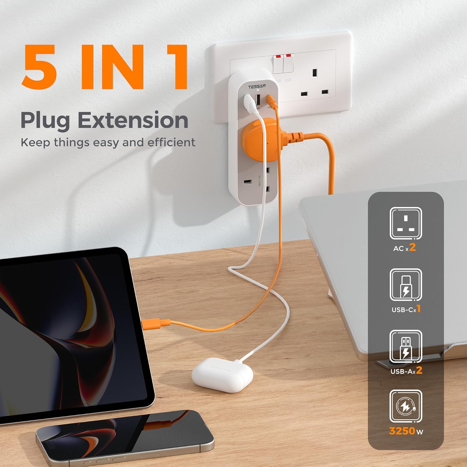 Tessan 2-Gang plug Through UK Charger 2 USB A USB C 13A TS-222-C