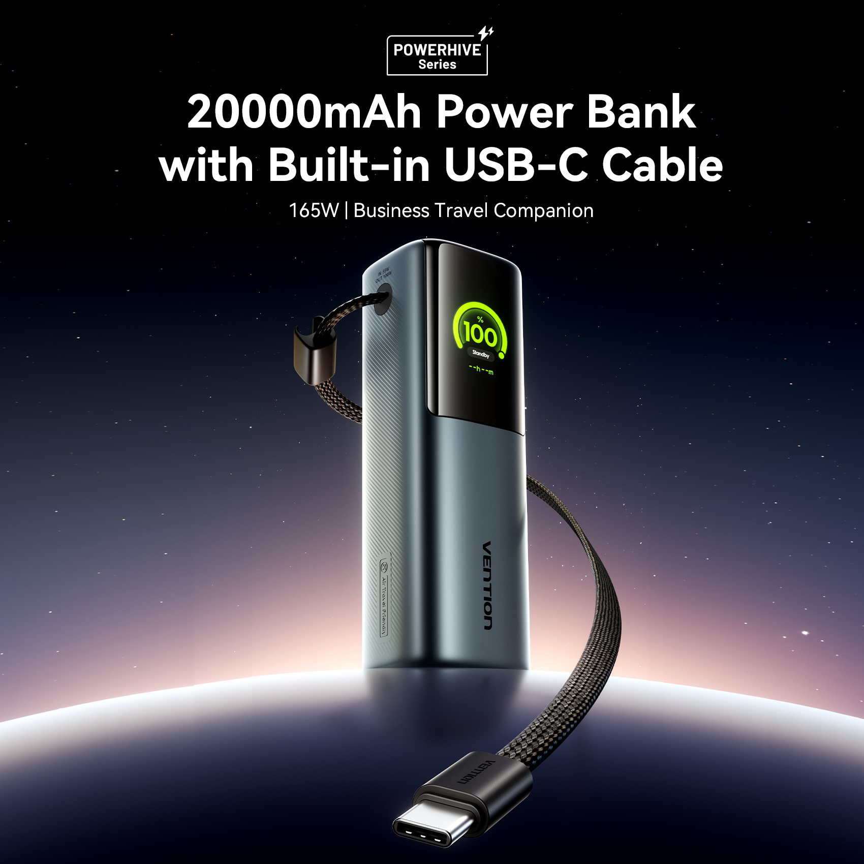 Vention Powerbank 20000mAh 165W 3xUSBC+USBA TFT Display +100W Cable FKFH0