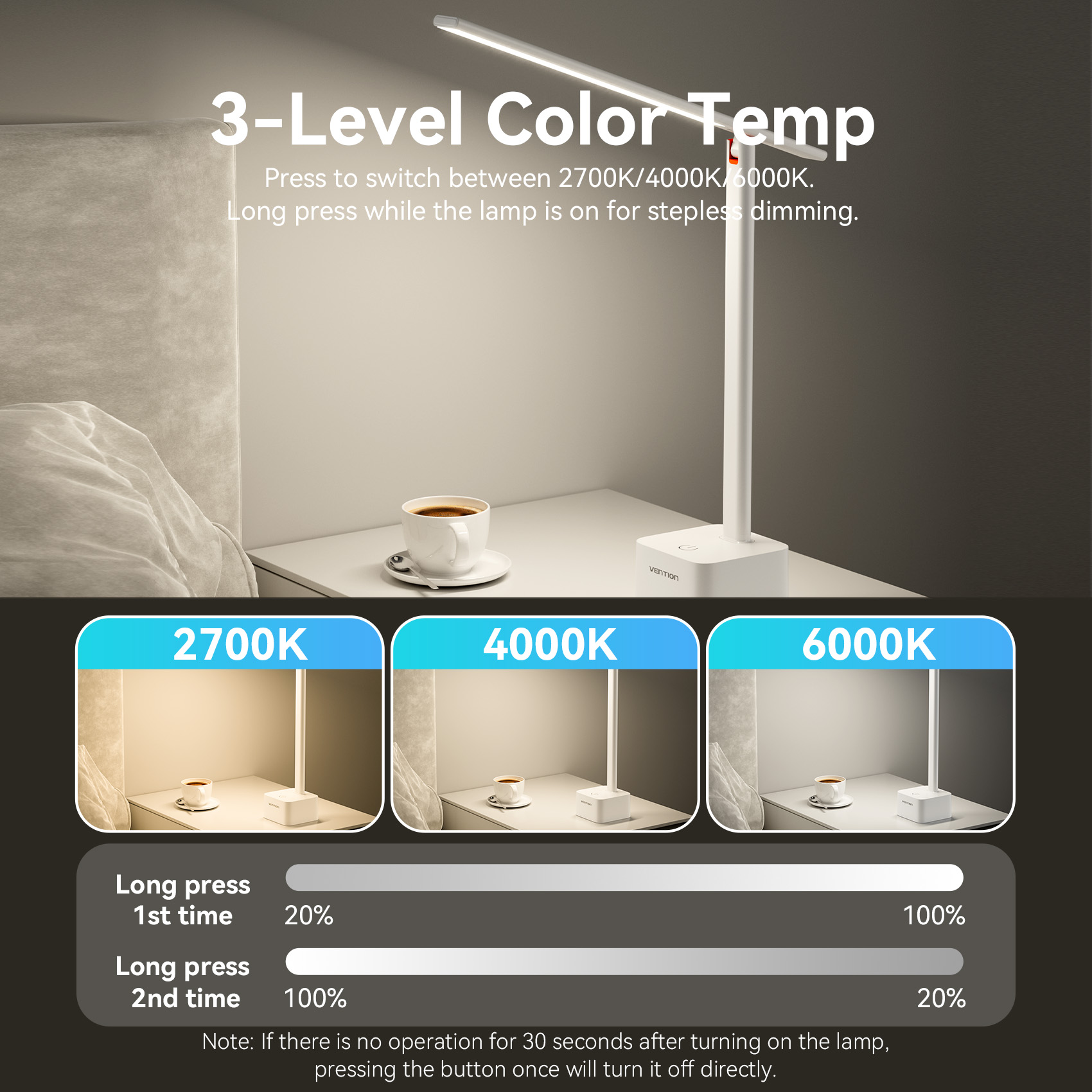 Vention USB Rechargeable Aluminium Foldable Desk Lamp White PDBW0