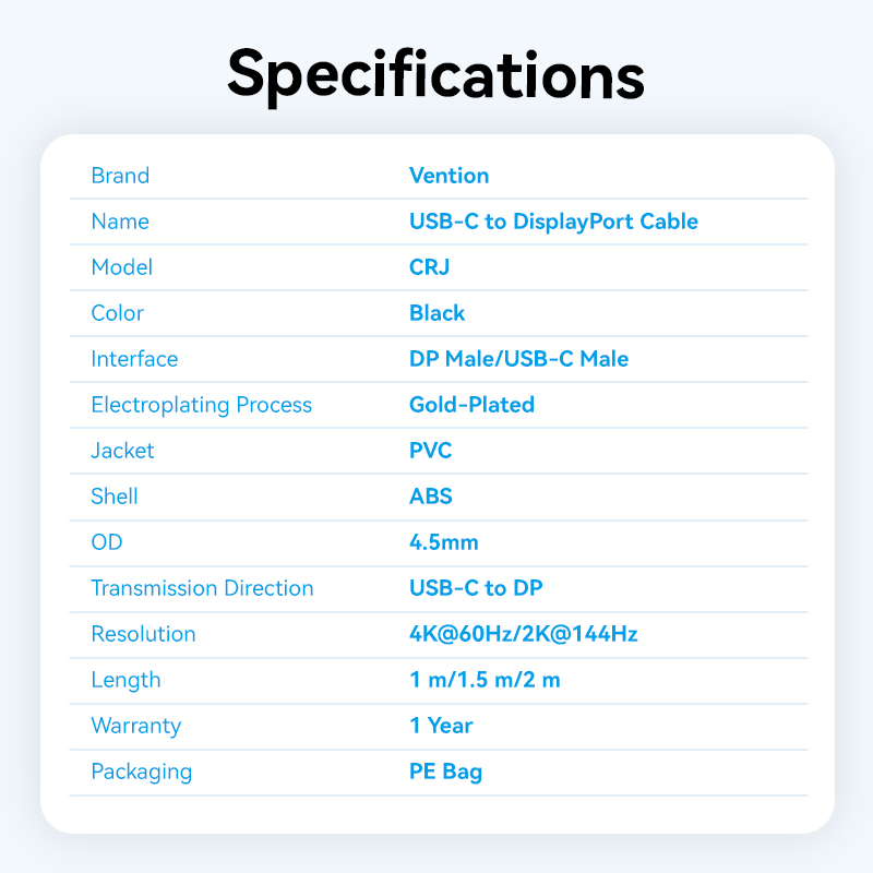 Vention Converter USB-C to DisplayPort Cable 4K60Hz 1.0m CRJBF