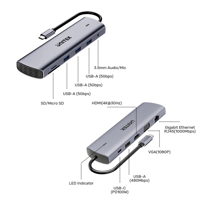 Unitek USB-C Hub USB3.0 HDMI/VGA/Gb/SD/Audio/PD100W D1113B
