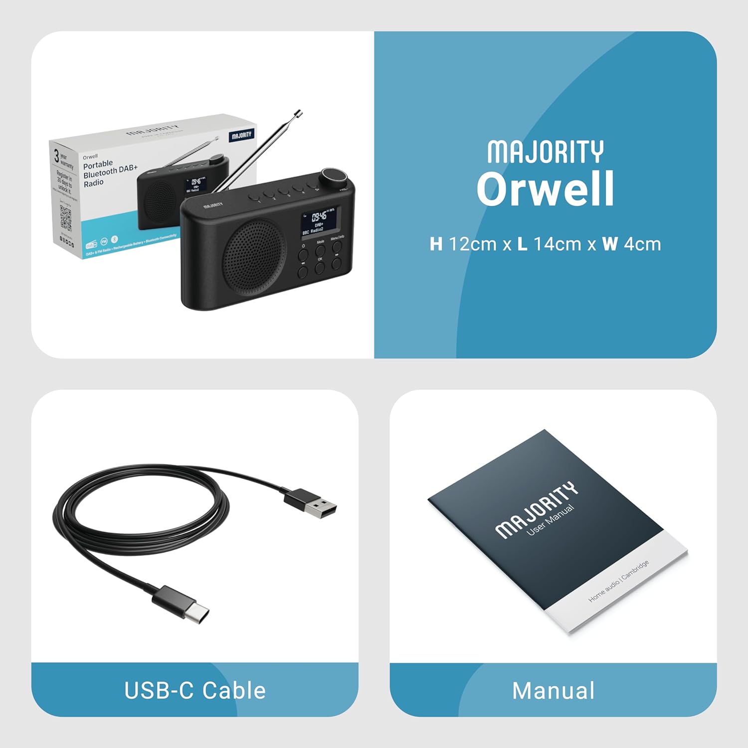 Majority ORWELL Radio Portable with Display & Bluetooth-USB-FM