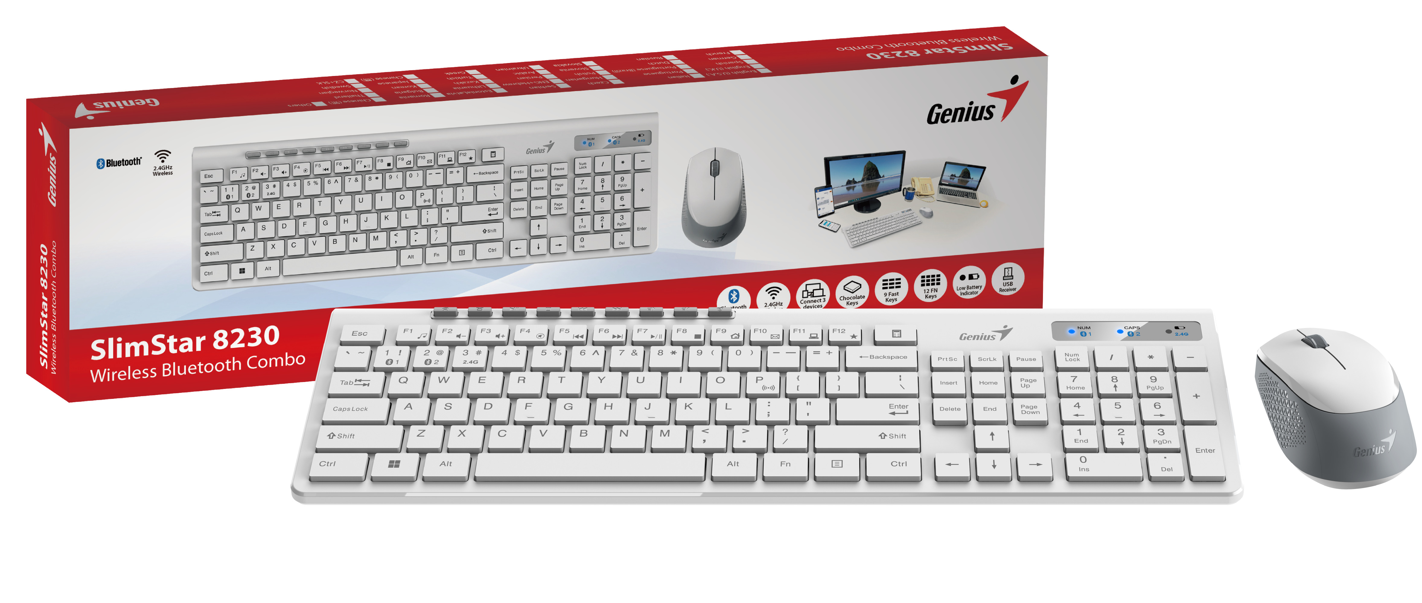 Genius Keyboard-Mouse Set Wireless+BT SlimStar 8230 White English
