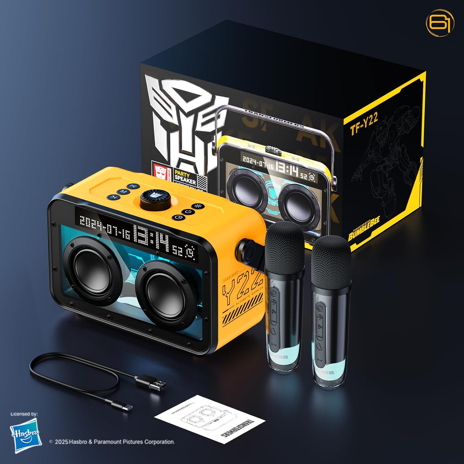 Transformers Portable BT Speaker 15W, Party Speaker with 2 Wireless Microphones, Bluetooth 5.4, LED Display, Voice Changer, USB/TF, Y22 Black