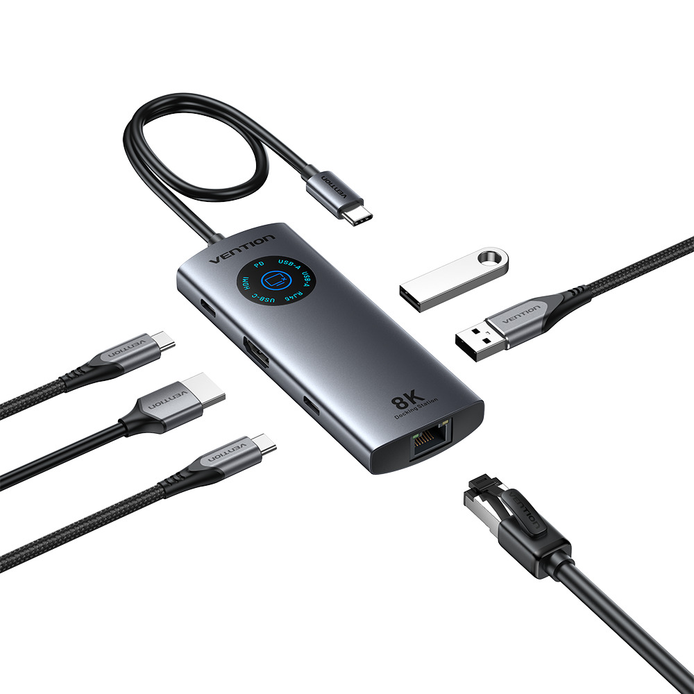 Vention HUB USB-C 3.2 Gen1/8K-HDMI/Gb/PD + LED Display & Switch TQZHB