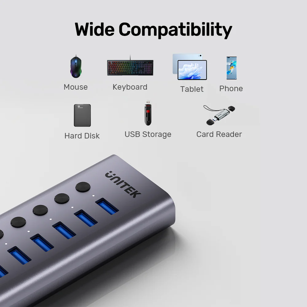 Unitek USB-C Hub 7xUSB-A Power Switch 12V2A H1314A