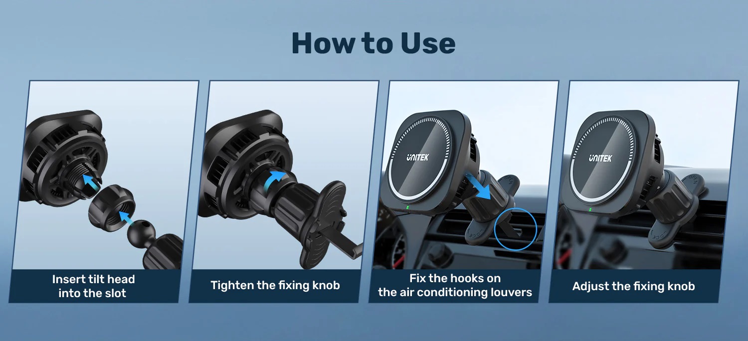 Unitek Wireless 15W MagSafe Car Mount Kit with Cooling Fan + 38W Charger & USB-Cable P1403A