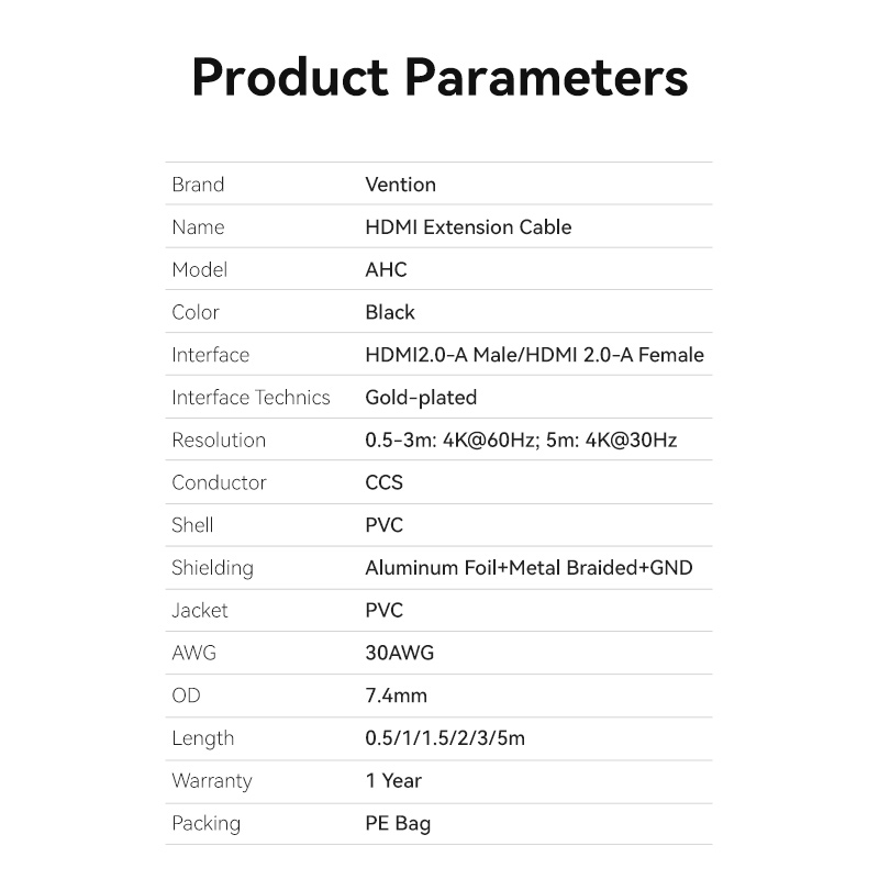 Vention HDMI Cable 2.0 M-F Extension 1.5m AHCBG
