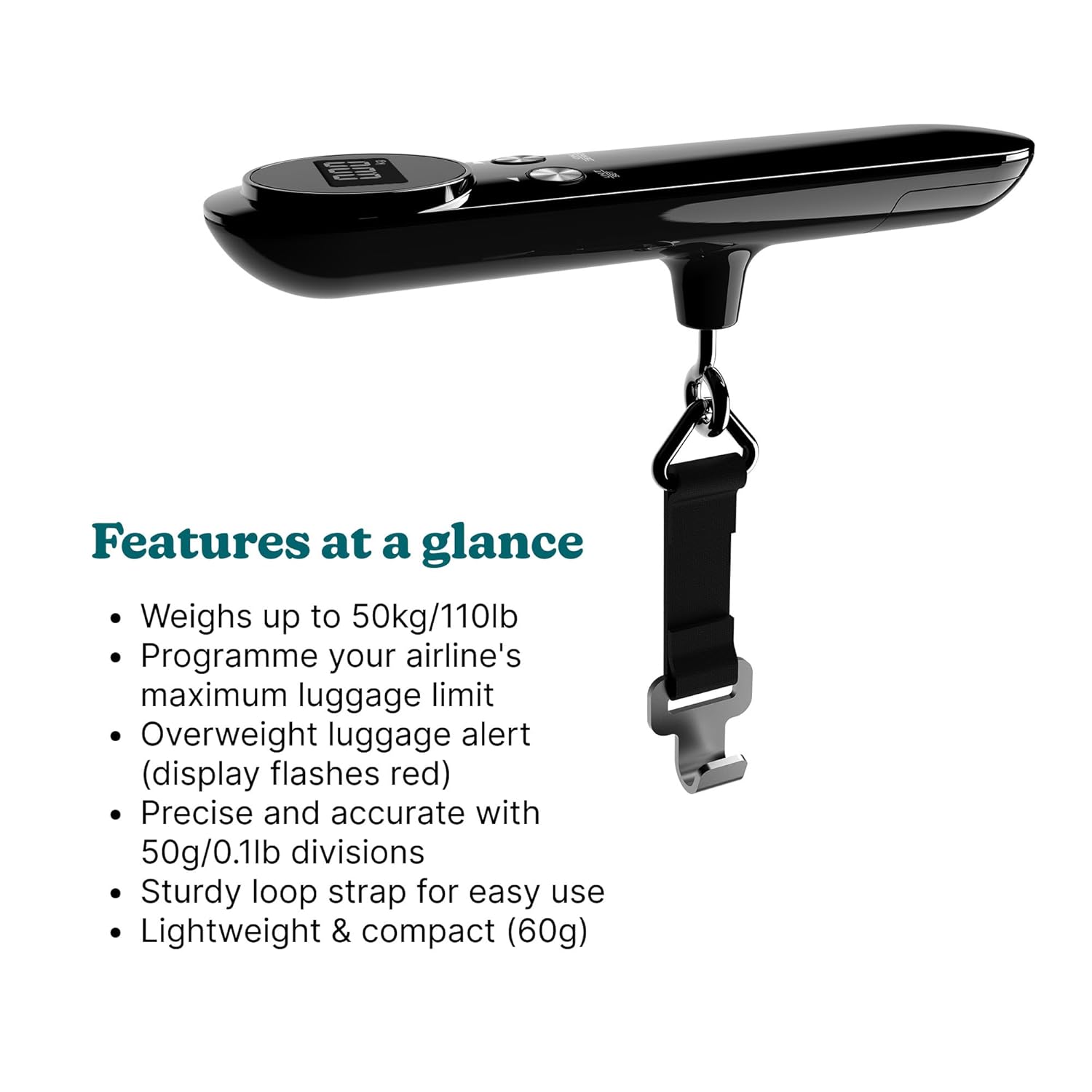 HoMedics Travel Luggage Scale Digital Display up to 50Kg SCL-L100-BKR